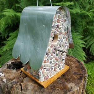 Cottage Bird House Handmade Enchanted Fairytale Nest Scalloped Tin Roof 10" Hang - Picture 1 of 22