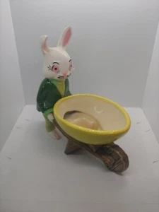 Ceramic Kitsch Bunny w/ Egg Wheelbarrow Candy dosh planter 70s vintage hobbyist - Picture 1 of 9