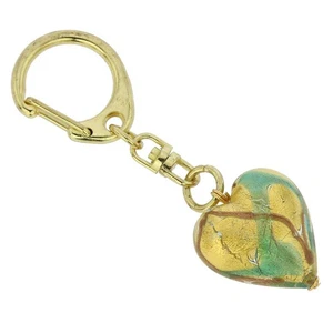 GlassOfVenice Murano Glass Heart Keychain - Aqua Waves Gold - Picture 1 of 3