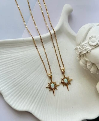 18K Gold Opal Star Necklace, Starburst Pendant, Stackable Necklace, Stylish Gift - Image 1 of 4