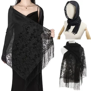 Sciarpa frangia floreale 74,5"x24,5" scialle rettangolare stola ricamo pizzo hijab - Foto 1 di 15