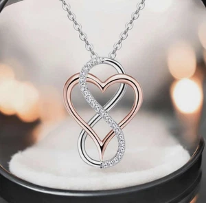 Elegante 925 Sterlingsilber Rose Herz Moissanit Unendlichkeit Anhänger Halskette (19" - Bild 1 von 6