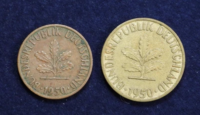 1950 G D Germany 1 & 5 Pfennig Brass Plated Steel Coins KM# 105 & 107 - Image 1 of 4