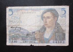 1943 FRANCE 5 FRANCS BANKNOTE  WWII WW2 OLD VG  NOTE - Picture 1 of 2