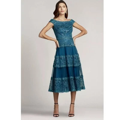 Vestido midi TADASHI SHOJI lantejoulas azul atlântico bordado fora do ombro Alya 4 - Imagem 1 de 4