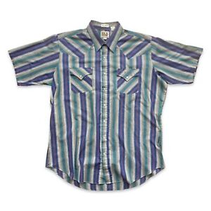 VTG Men's Short Sleeve Ely Cattleman XL Tall Pearl Snap Shirt Blue/Gray/Red