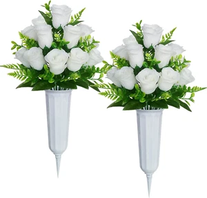 Artificial Rose Cemetery Flowers with Vase, Memorial Bouquet - White - Picture 1 of 12