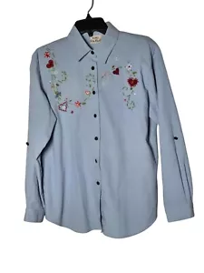 Koret City Blues Floral Embroidered Button-Front Shirt Size Medium Cottagecore - Picture 1 of 11