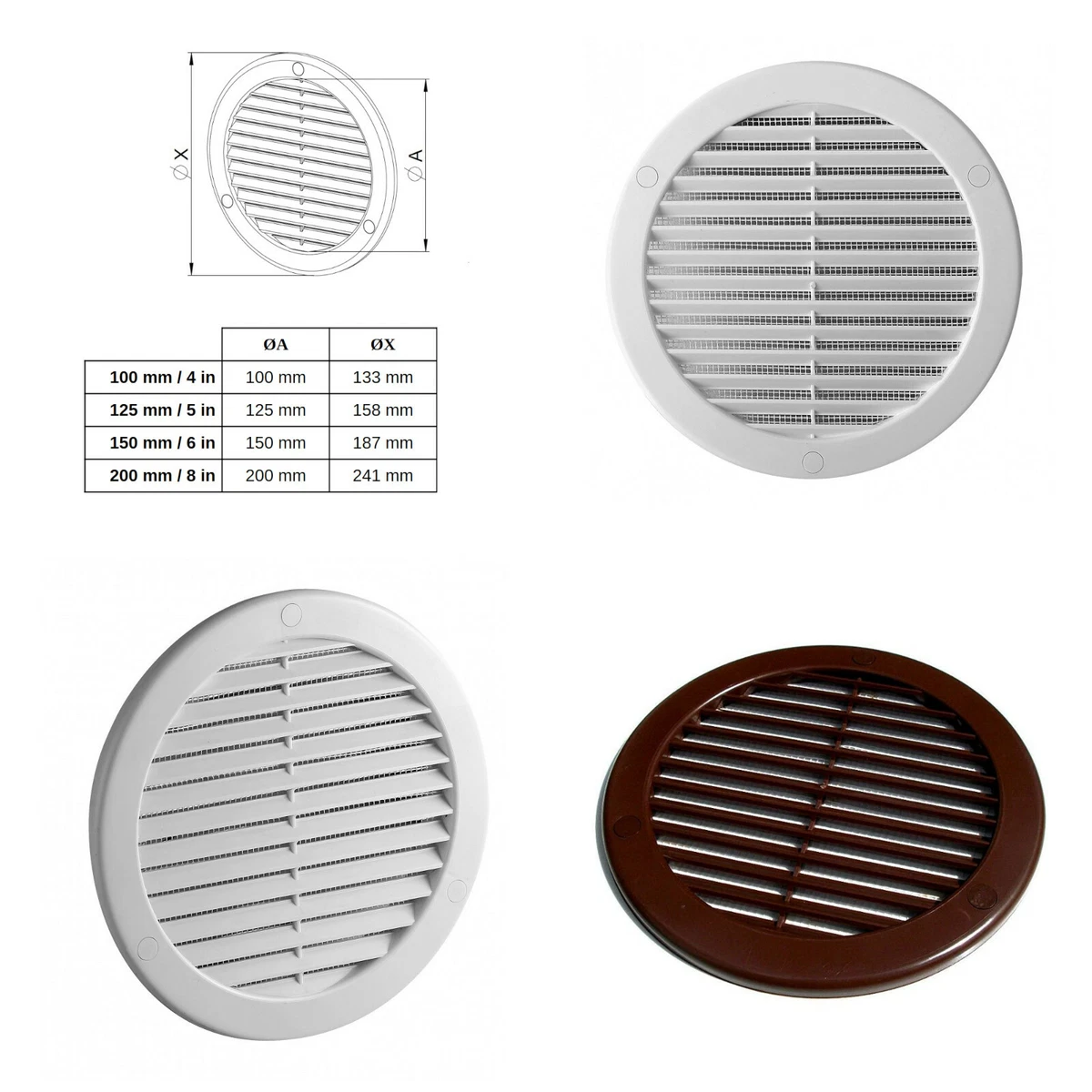 MeccaniXity 6 Inch Round Adjustable Air Vent Grille - Pack Of 2, White & Black For Wall/Ceiling