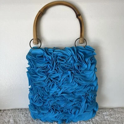 Vintage Blue Shag Hand  Bag W/ Wood Handles, Excellent Condition - Image 1 of 4