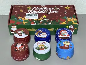 6 Piece Christmas Candy Jar Empty Cookie Storage Tins Gift Round Container Lid - Picture 1 of 8