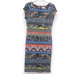 Womens Sheath Dress Size 6 Colorful Boho Hippie Retro Paisley Geometric Indie - Picture 1 of 9