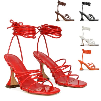 Sandalias con cordones de tiras para mujer Zapatos de fiesta de tacón medio alto punta cuadrada Talla Foto 1 de 4