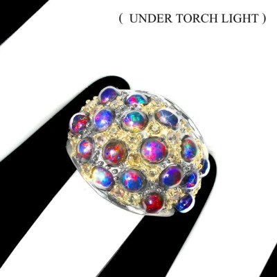 925 Anello Argento Sterling Tondo Nero Opale 3.72ct Zaffiro Gemma Mano Misura 9 - Immagine 1 di 4