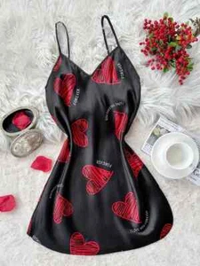 Camicia da notte San Valentino rossa stampa labbra raso slip, scollo a V senza schiena mini sonno - Foto 1 di 7