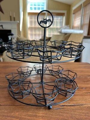 Halloween Tiered 16 Cupcake Stand Holder Display wire Spider webs w/ bat topper - Image 1 of 4