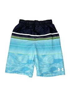 Under Armour Youth Boy L 14/16-Swim Trunks Stripe Logo DRAWSTRING Blue/Green/Blk - Picture 1 of 5