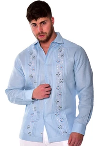 Bohio Mens 100% Linen Fancy Guayabera Style Shirt- Lt. Blue Embroidered MLFG2033 - Picture 1 of 8