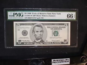 1999 $5 NEW YORK Federal Reserve STAR NOTE PMG GEM UNC 66 EPQ FIVE DOLLAR BILL! - Picture 1 of 4