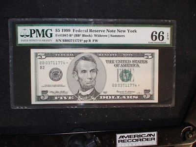1999 $5 NEW YORK Federal Reserve STAR NOTE PMG GEM UNC 66 EPQ FIVE DOLLAR BILL! - Image 1 of 4