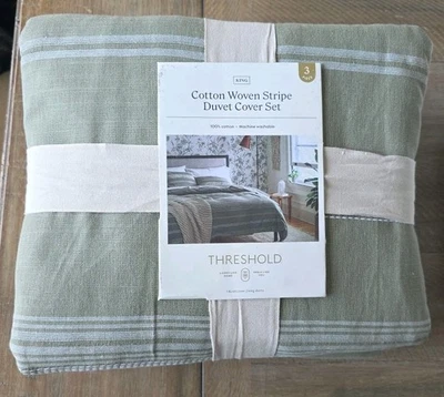 Threshold Cotton Woven Stripe Duvet Cover & Sham Set Moss Green/White King - Image 1 of 4