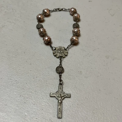 复古人造粉红色珍珠宗教手链 8.5 英寸 — 第 1/4 张图片