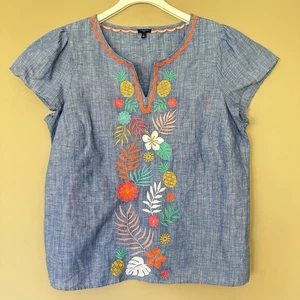 Talbots Embroidered Linen Cotton Split Neck Top Women 1X Floral Pineapple Beach - Picture 1 of 6