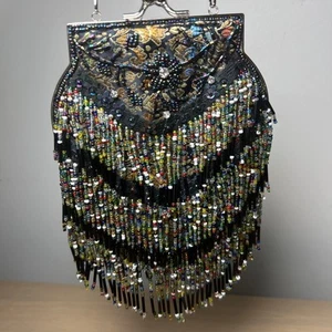 Vintage Abendtasche mit bunten Perlen, mit Fransen, Verschluss, 2 Riemen - Bild 1 von 10