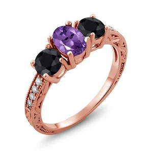 2.25 Ct Oval Amethyst Black Sapphire 18K Rose Gold Plated Silver Moissanite Ring - Picture 1 of 4