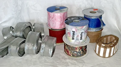 Wire Edge RIBBON Mixed Lot of 7 New and Partially Used Floral Solids Burlaps - Image 1 of 4