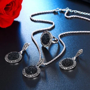 Crystal Black 925 Silver Plt Bohemia Natural CZ Crystal Earring Necklace Ring - Picture 1 of 8