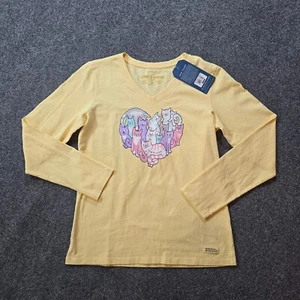 Life Is Good Top Womens Small Yellow Long Sleeve Cats Kitty Heart Love Casual - Picture 1 of 11