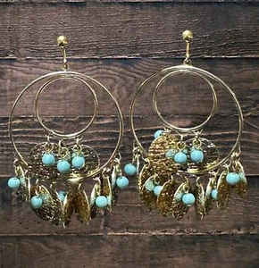 Clip on 3 1/4" gold disc dangle double hoop style earrings w/turquoise beads - Picture 1 of 4