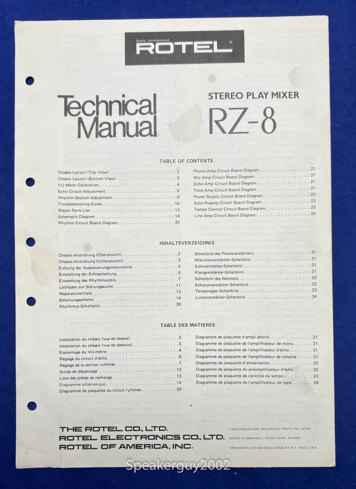 Original Rotel RZ-8 Stereo Play Mixer Technical Manual - Image 1 of 1