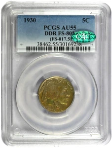 1930 PCGS AU55 DDR FS-801 5-Legged Buffalo Buffalo Nickel with CAC Label-Toned - Picture 1 of 3