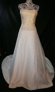 Mon Cheri Wedding Dress 6-8 Ivory Champagne Corset Train Ruched Bodice Bling NWT - Picture 1 of 11