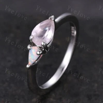 Anillo de cuarzo rosa anillo de ópalo de fuego moissanita corte pera alianza de boda anillo de plata 925 Foto 1 de 4
