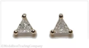 14k Yellow Gold .30 Carat Triangle Trilliant Trillion Diamond Solitaire Earrings - Picture 1 of 4