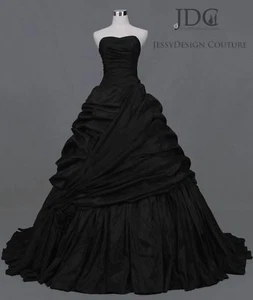 Gothik Gerafftes Schwarz Hochzeitskleid Brautkleid Schnürt m.Schleppe Übergröße - Bild 1 von 6