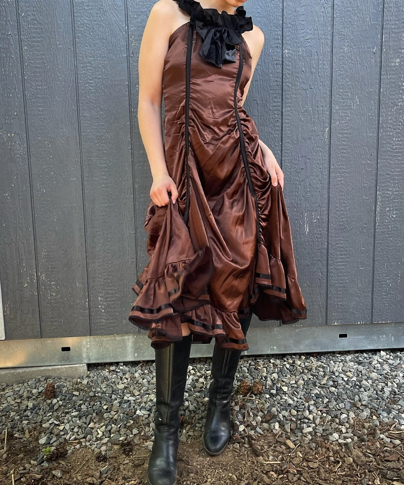 Maxi Vestido Corsé Espalda Encaje Acanalado Satén Gótico Steampunk Marrón Elección Victoriana M Foto 1 de 4