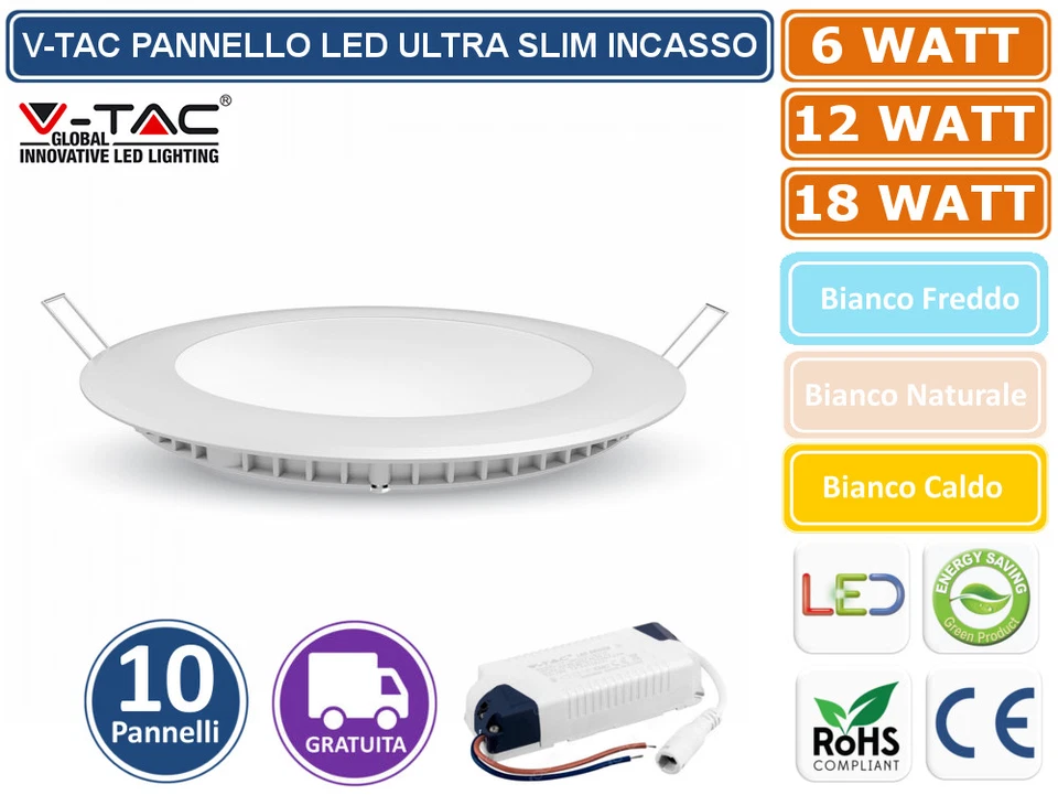 Pannello LED da incasso Rotondo 12w Driver Mod. Vt- 1207 RD 4857/4858/4859 Bianco Freddo 4859