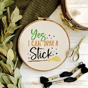 Halloween Witch Yes I can drive a stick quote Counted Cross Stitch Pattern - Picture 1 of 3