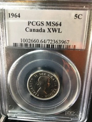 1964  Extra WL,  PCGS Graded Canadian,  ¢5 Cent, **MS-64** #3967 - Image 1 of 2