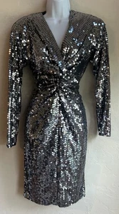 Vintage 80er 90er Nite Line Silber Pailletten Kleid Disco Glam Party Silvester Urlaub M - Bild 1 von 5