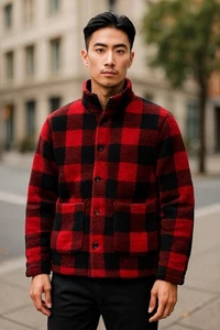 Brave Soul Borg Fluffy Plush Red Black Mens Jacket Medium Large XL Autumn - Picture 1 of 13