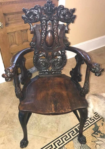 Antique Oak Attr Horner Griffin Arm Chair Duck Arms Claw Feet Carved Nice Cover