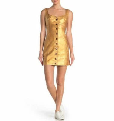 Free People Goldie Mini Dress Gold Washed Leather Buttons Size 2 NEW $300 - Image 1 of 4