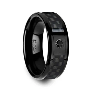 Anello Thorsten ABERDEEN Ceramica Nera Fibra di Carbonio Nero Diamante Nero Matrimonio Ba - Foto 1 di 3