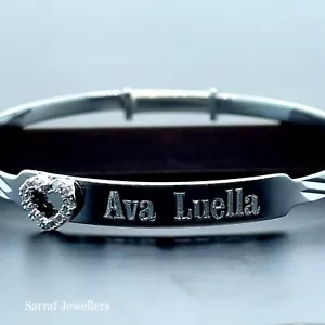 Personalized CZ Heart Baby ID Bangle Diamond Cut Design Engravable 0-48 Months - Picture 1 of 8