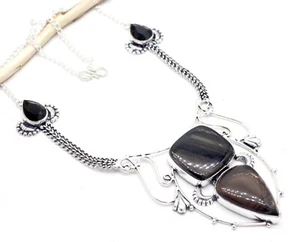 925 Sterling Silver Banded Smoky Quartz Gemstone Jewelry Necklace Size-17-18" - Picture 1 of 2